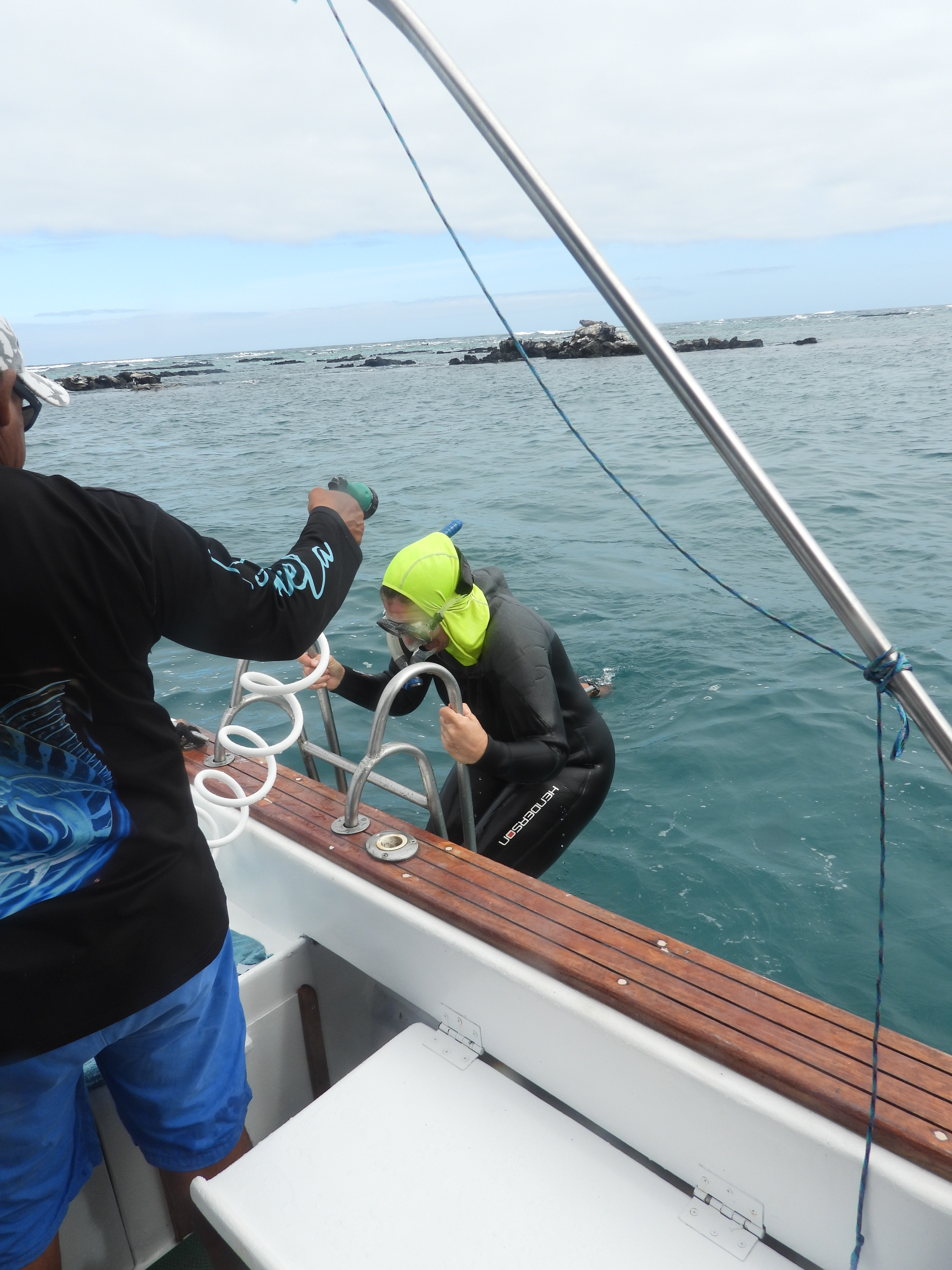 Lorraine getting out of the water to have a warm shower following a swim with penguins and sea lions