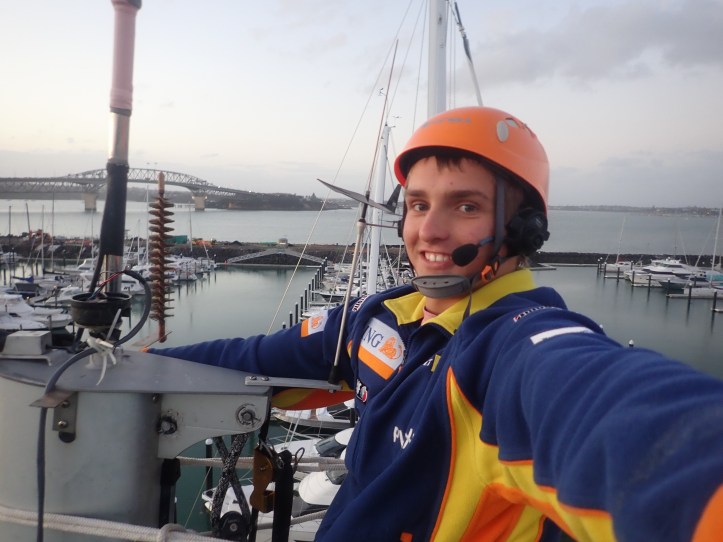 Paul from SV Aphrodite up the mast doing repairs while at Westhaven Marina, Auckland, New Zealand