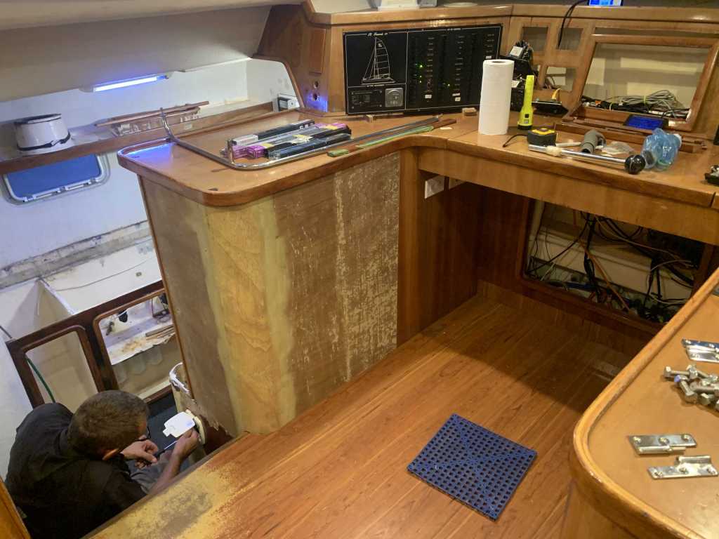 Instrument panels have been removed from our navigation desk area. However, the original flooring is still in place.