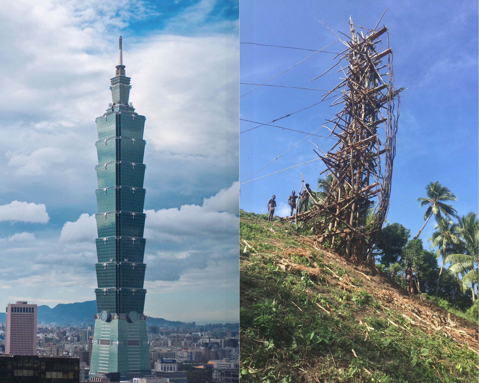 A side-by-side image of the Taipei 101 climbed by Alex Honnold in January 2026 and a land diving event on Pentecost Island, Vanuatu.