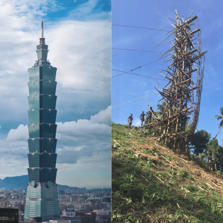 A side-by-side image of the Taipei 101 climbed by Alex Honnold in January 2026 and a land diving event on Pentecost Island, Vanuatu.