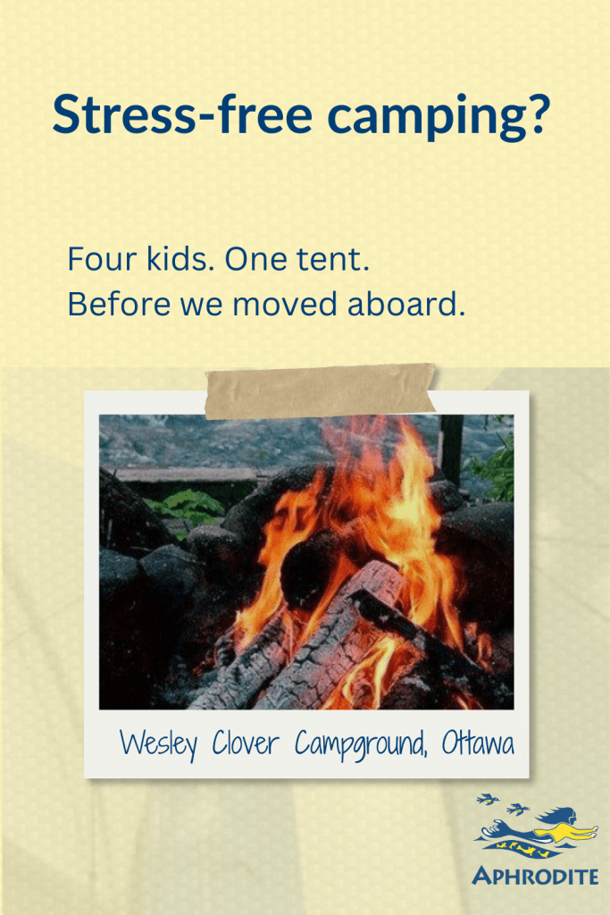 A campfire indicating the tension while living in a tent between a house that we had rented and our St. Francis 50 catamaran.