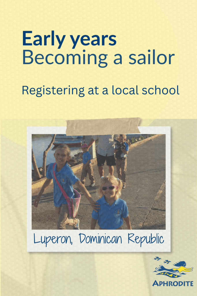 An early photo of the Escher kids in their school uniforms on their way to the Luperon public school, where they were taught fully in Spanish while we were there for hurricane season on our St. Francis 50 catamaran, SV Aphrodite.