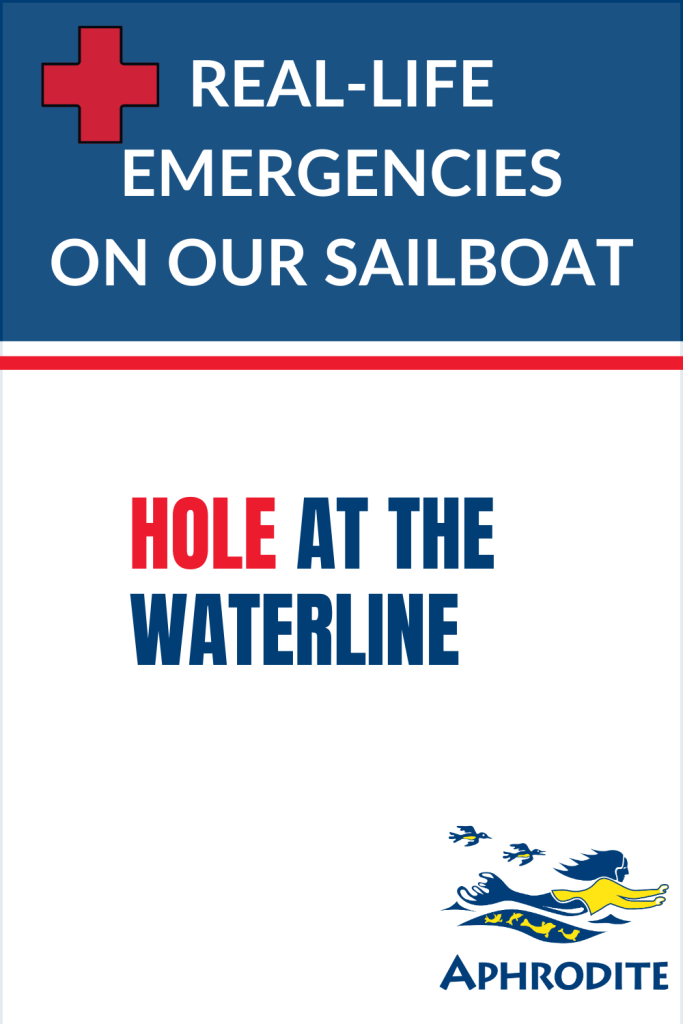 A simple Pinterest pin with words only saying "Hole at the Waterline" using navy blue and Red Cross Red.