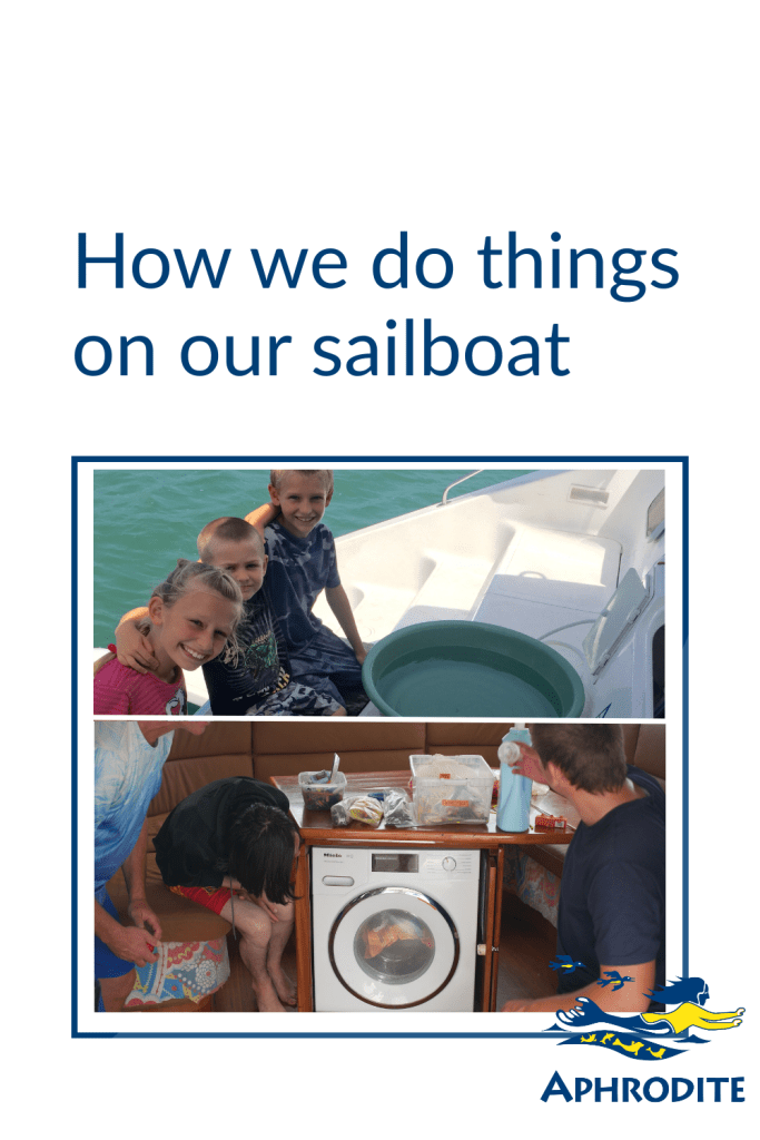 A before and after photo of our kids with a hand laundry bucket on the back transom of SV Aphrodite and inside our saloon looking at our Miele machine in a hutch.