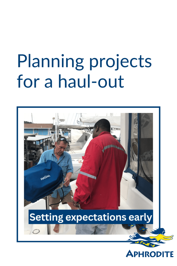 My husband, Rick Escher, meets with a welder to discuss a project at Power Boats in Chaguaramas, Trinidad and Tobago.