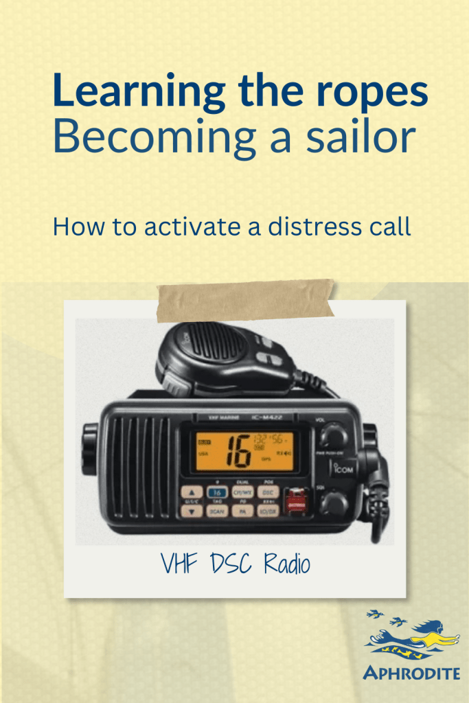 A picture of a VHF radio on channel 16 as I explain how to activate a distress call.