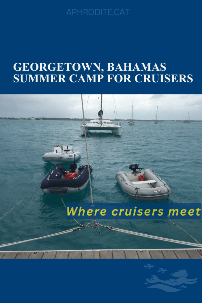Dinghies tied together on the back of our catamaran in Georgetown, Bahamas, which is a social hub in paradise.