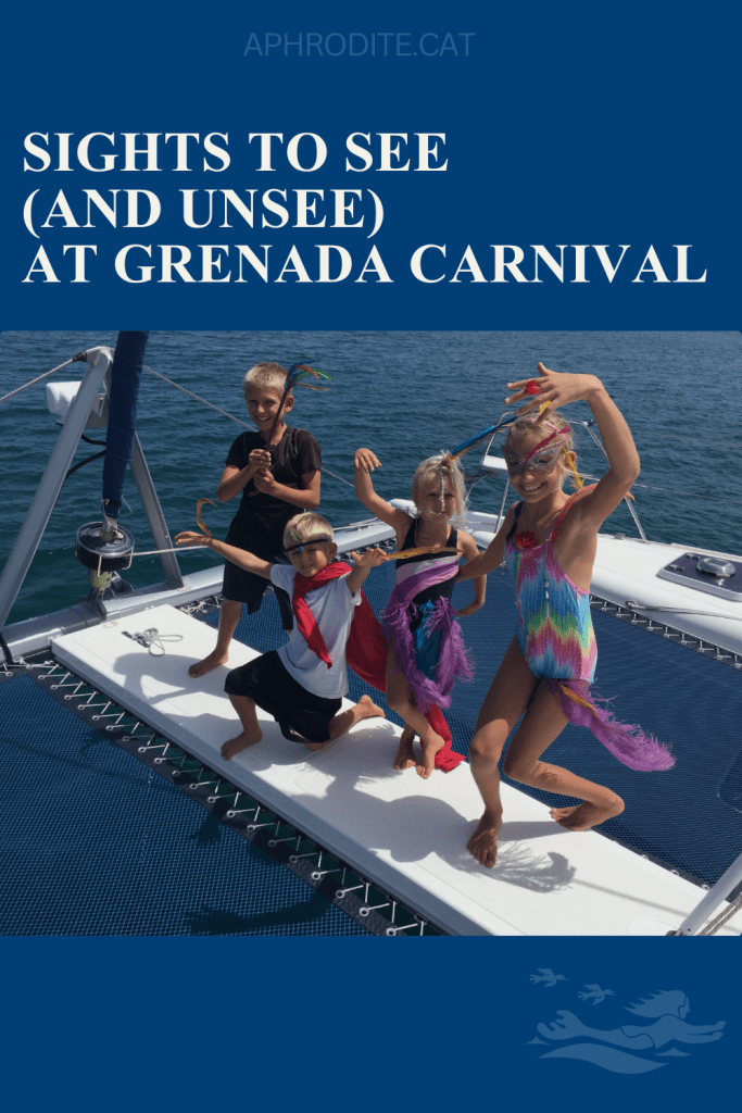Or kids on the trampoline of SV Aphrodite following a trip to see Grenada Carnival. They are wearing feathers and beads they found on the street from the costumes.