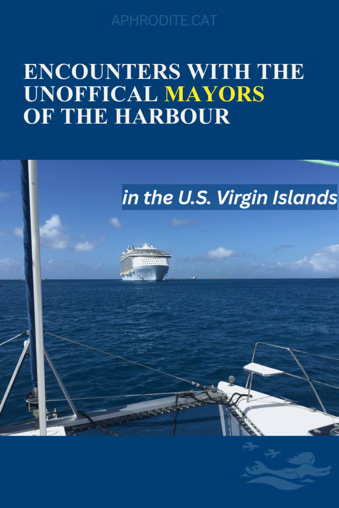 An image of a ship from the bow of our catamaran, SV Aphrodite. This image links to a Pinterest save feature.