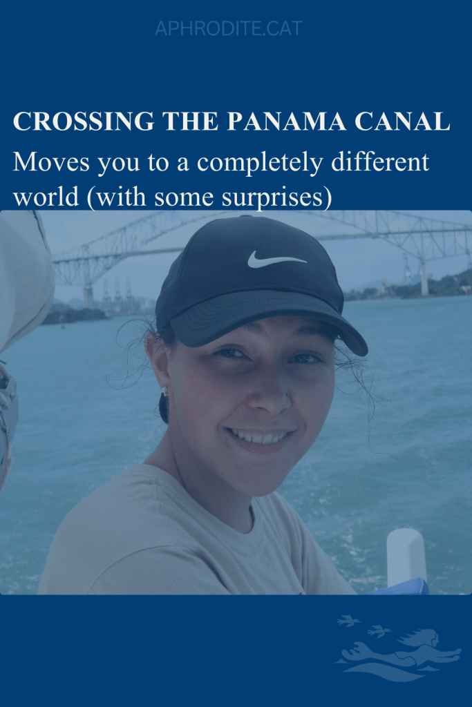 Bridge of the Americas in the backdrop after crossing the Panama Canal on our St. Francis 50 catamaran, SV Aphrodite