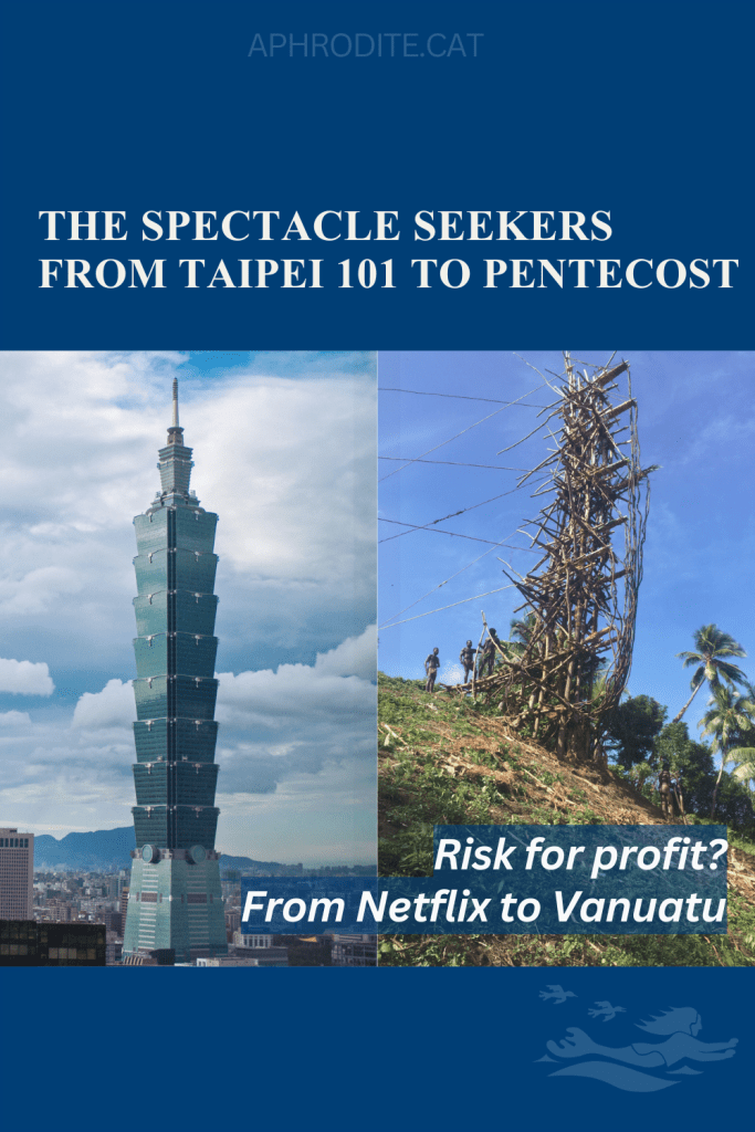 Side by side pictures of Taipei 101 climbed by Alex Honnold in January 2026 and a Nagol, or land diving site on Pentecost Island, Vanuatu.