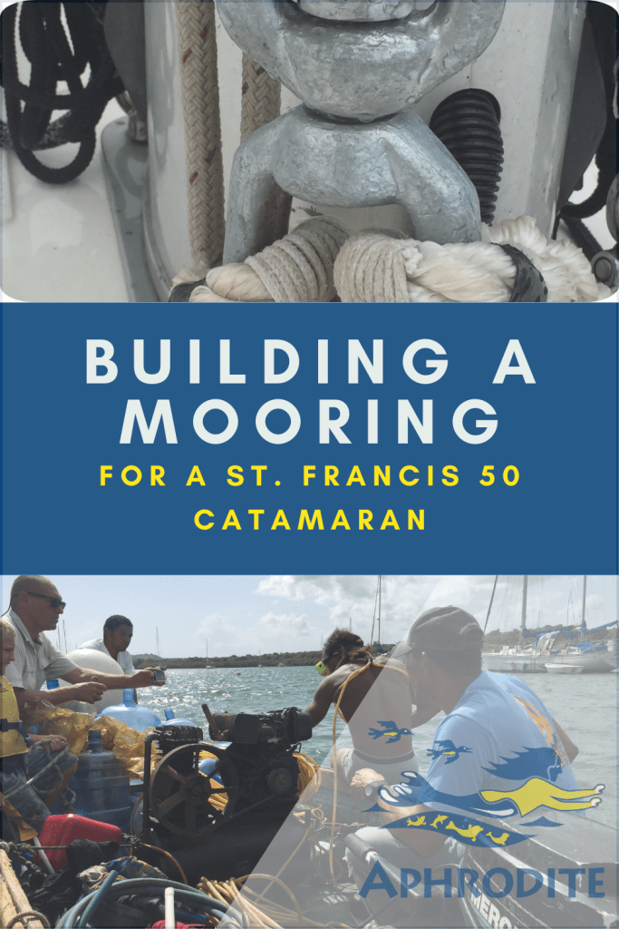 Close up of a shackle used to make our mooring in Luperon Harbor along with a picture of a boat with Handy Andy and my husband on their way to install the mooring for our St. Francis 50 catamaran, SV Aphrodite.