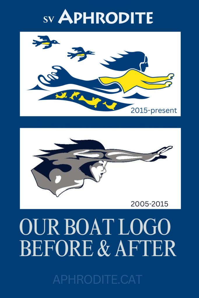 Before and after photos of the logo we designed for our St. Francis 50 catamaran, SV Aphrodite in 2015.