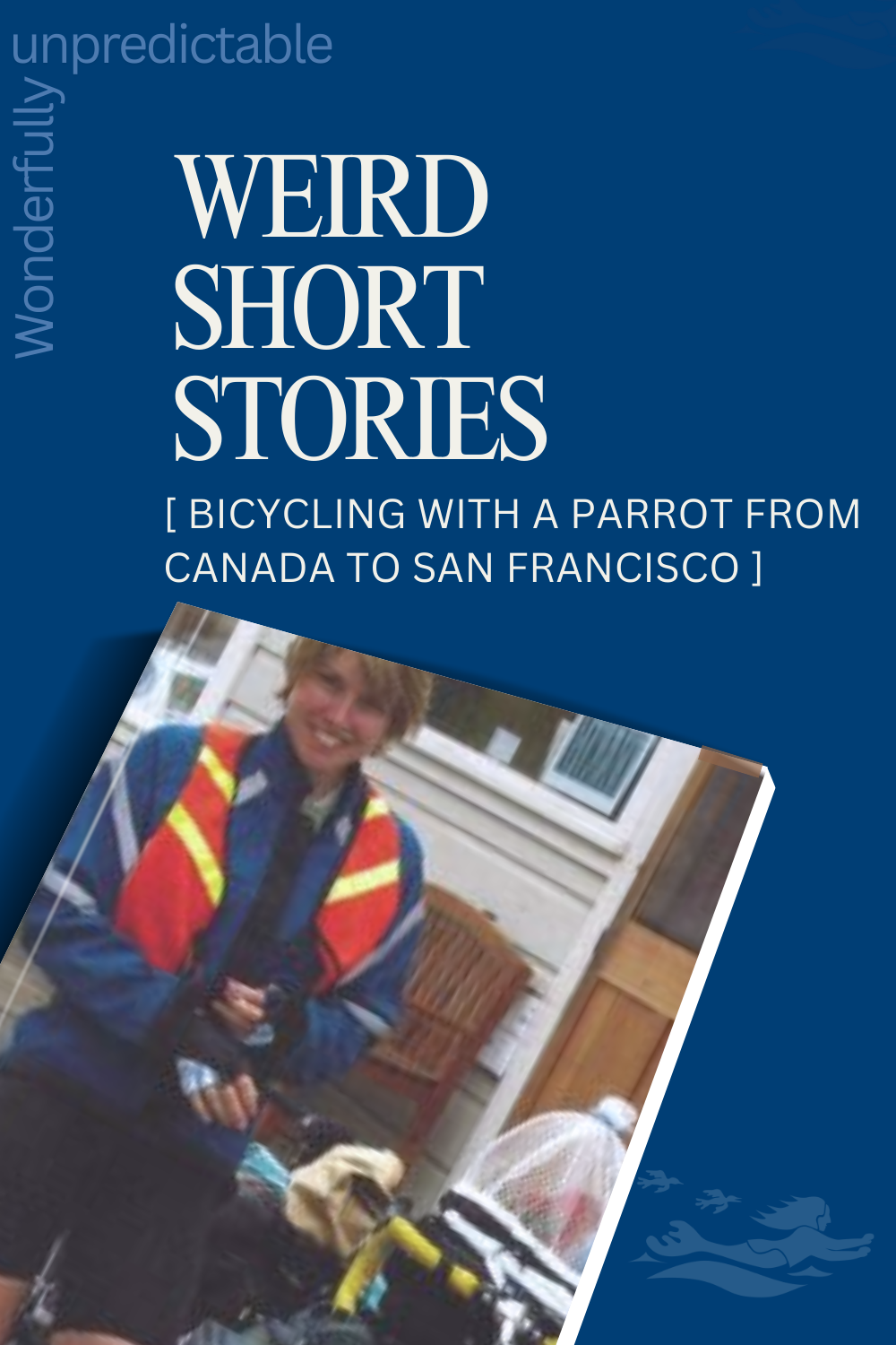 Blog writer, Lorraine Escher, in full bicycling gear when she bicycled the Pacific Coast with her husband and Parrot. I think we are outside the Bovine Bakery in California in this photo.