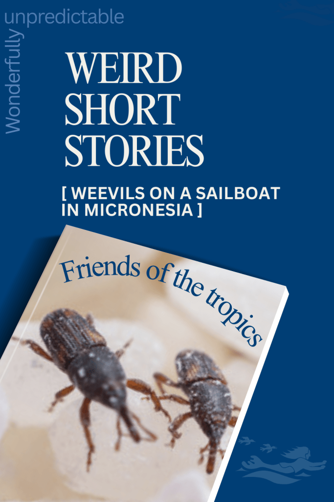 A close up of weevils on a blue Weird Short Stories book cover that I created as a Pinterest template.