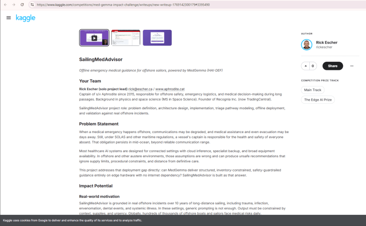 A snapshop of the SailingMedAdvisor Writeup for the MedGemma Impact Challenge 2026. This was a required document to participate in the challenge.