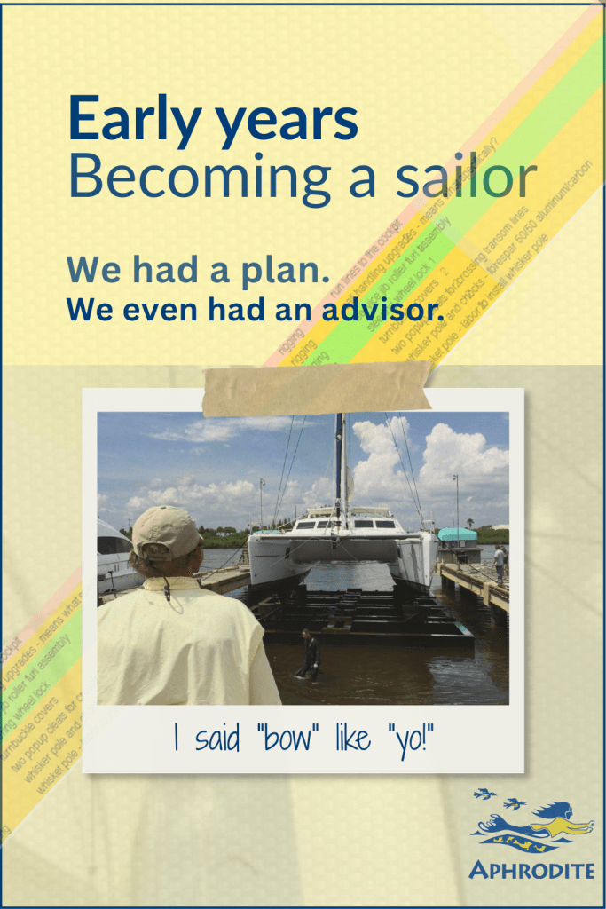 Pat Reischmann, our advisor and sailing mentor oversees the haul-out of our St Francis 50 catamaran, SV Aphrodite in Florida.