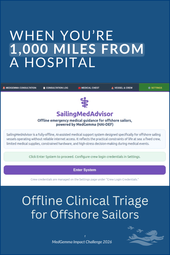 A Pinterest Pin that represents Rick Escher's SailingMedAdvisor application that he made for offshore sailors as part of the MedGemma Impact Challenge 2026.