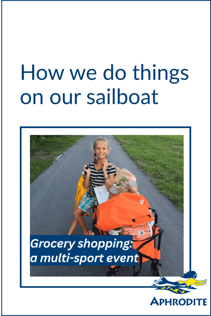 Betty with our orange wagon used for transporting groceries. Photo taken in Key Largo, Florida.