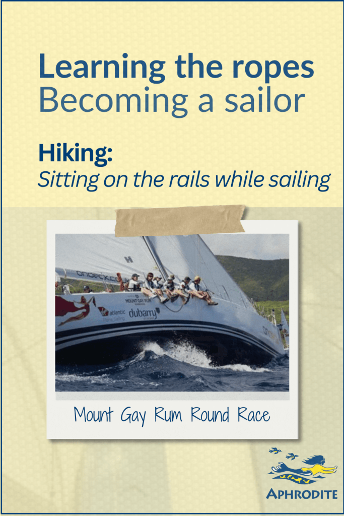A picture of a racing sail boat with people perched on the side, hiking.