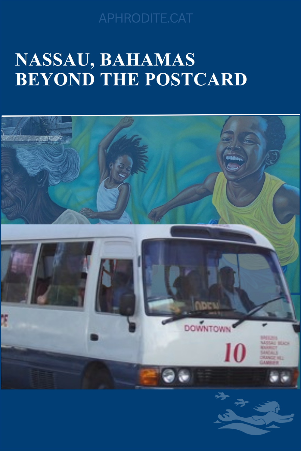 A photo montage of a city bus-van in Nassau, Bahamas in front of a scene of joyful children, which is a street art scene also in Nassau.