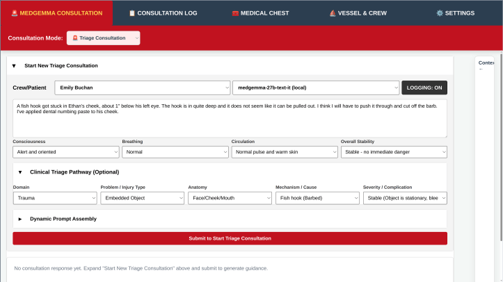 SailingMedAdvisor workspace showing the Consultation, Medical Chest, Vessel and Crew and Settings Panels.