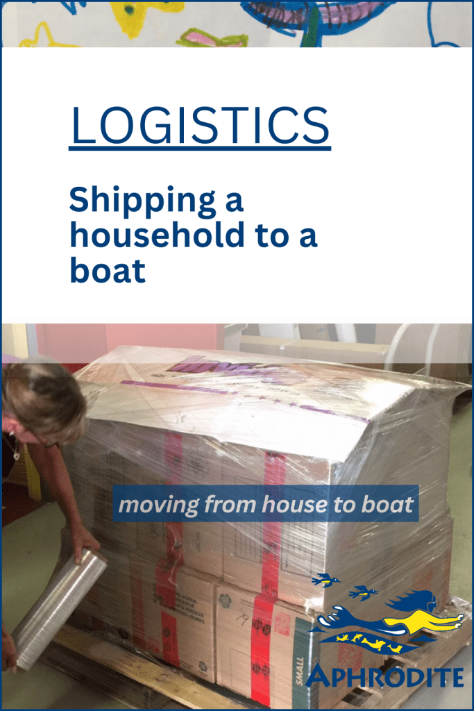 One of our boxes on a pallet to ship to our sailboat during a refit in Palmetto, Florida. 