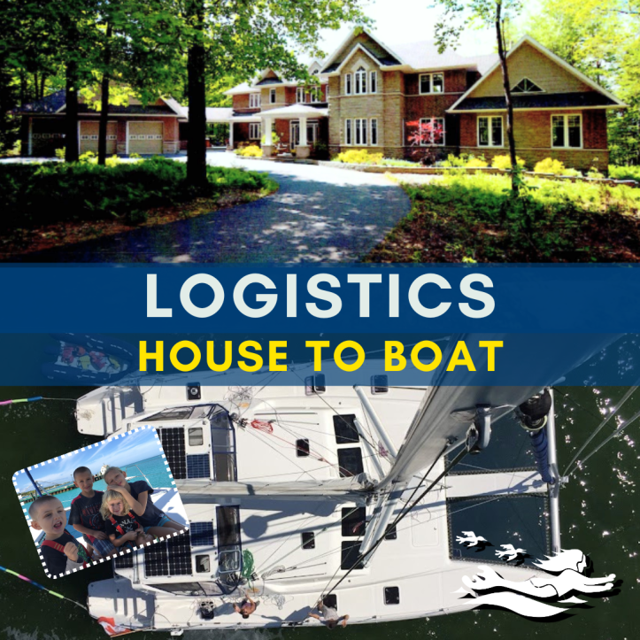 Our house in Carp juxtaposed with a top view of our St. Francis 50 catamaran, SV Aphrodite.