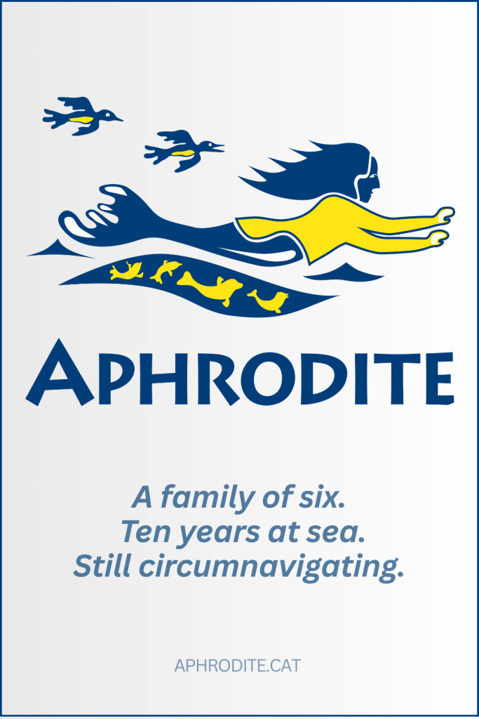 The Aphrodite logo for Pinterest along with a description of us as a family of six who has been circumnavigating for 10 years.