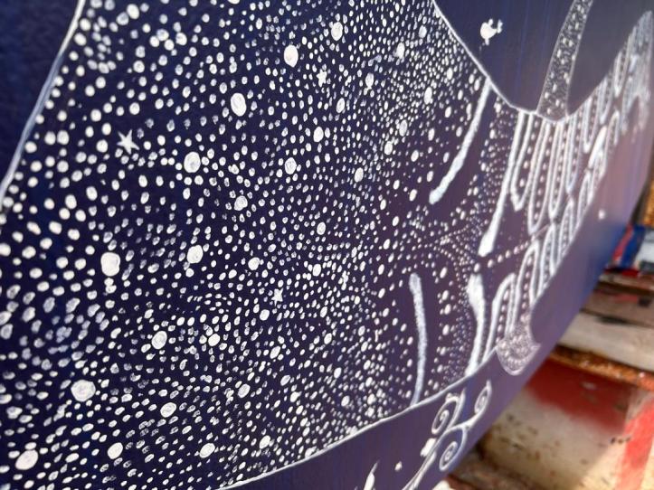 Close up of the spots on the whale shark that Karen painted on the keel of our catamaran.
