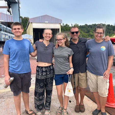 Escher family and crew of SV Aphrodite at Lunas Shipyard prior to the launch. Paul is away in French Polynesia crewing on another boat temporarily.