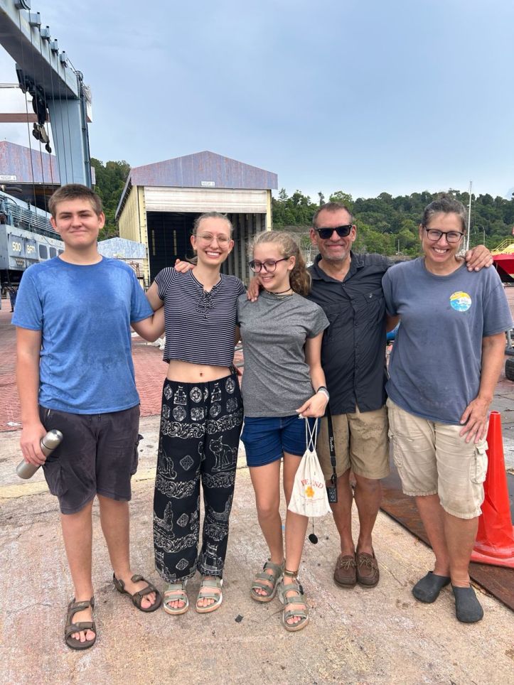 Escher family and crew of SV Aphrodite at Lunas Shipyard prior to the launch. Paul is away in French Polynesia crewing on another boat temporarily.