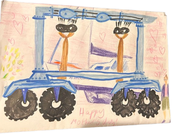 A Mother's Day Card of a boatlift with SV Aphrodite in the slings, illustrated by Karen Escher
