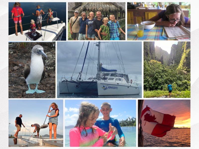 A collage of pictures from when our kids were very young to preset day. There is a picture of the Canadian flag, a booby bird from the Galapagos, A scene from Yap, Chuuk and Fatu Hiva