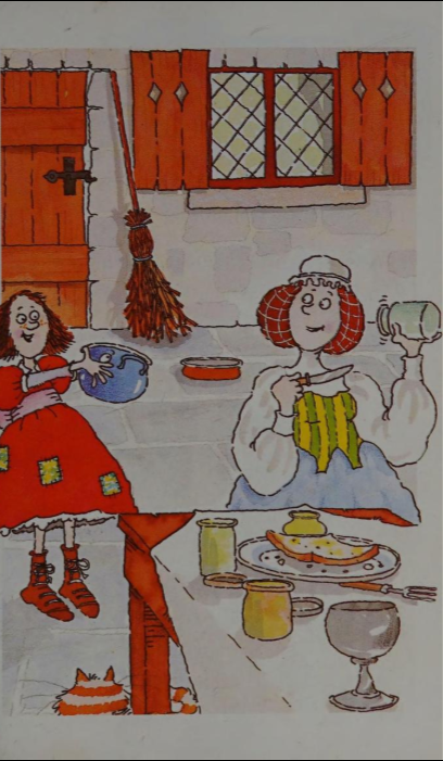 Illustration from The Magic Porridge Pot where the little girl is hungry but the mom is eating toast and finishing the jam.