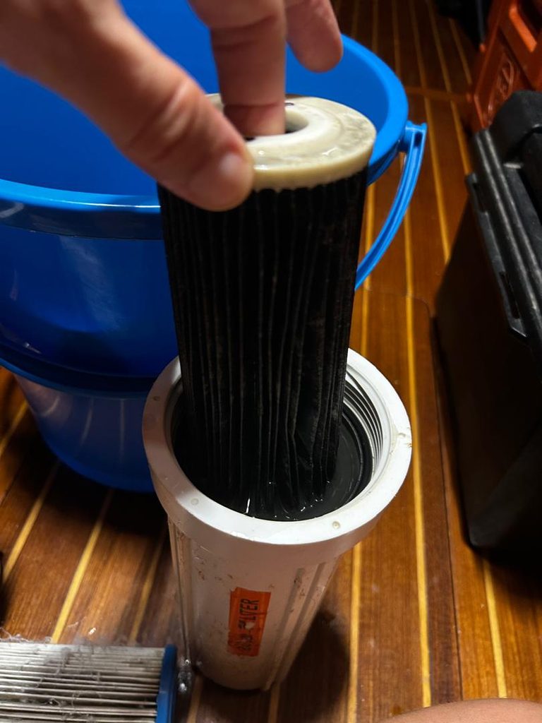 25 micron water filter fouled at Pulau Indah Marina