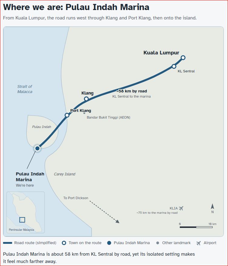 Map showing distance from Pulau Indah Marina to KL and KLIA